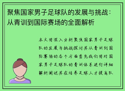 聚焦国家男子足球队的发展与挑战：从青训到国际赛场的全面解析