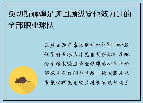桑切斯辉煌足迹回顾纵览他效力过的全部职业球队