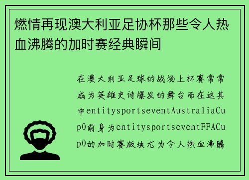 燃情再现澳大利亚足协杯那些令人热血沸腾的加时赛经典瞬间